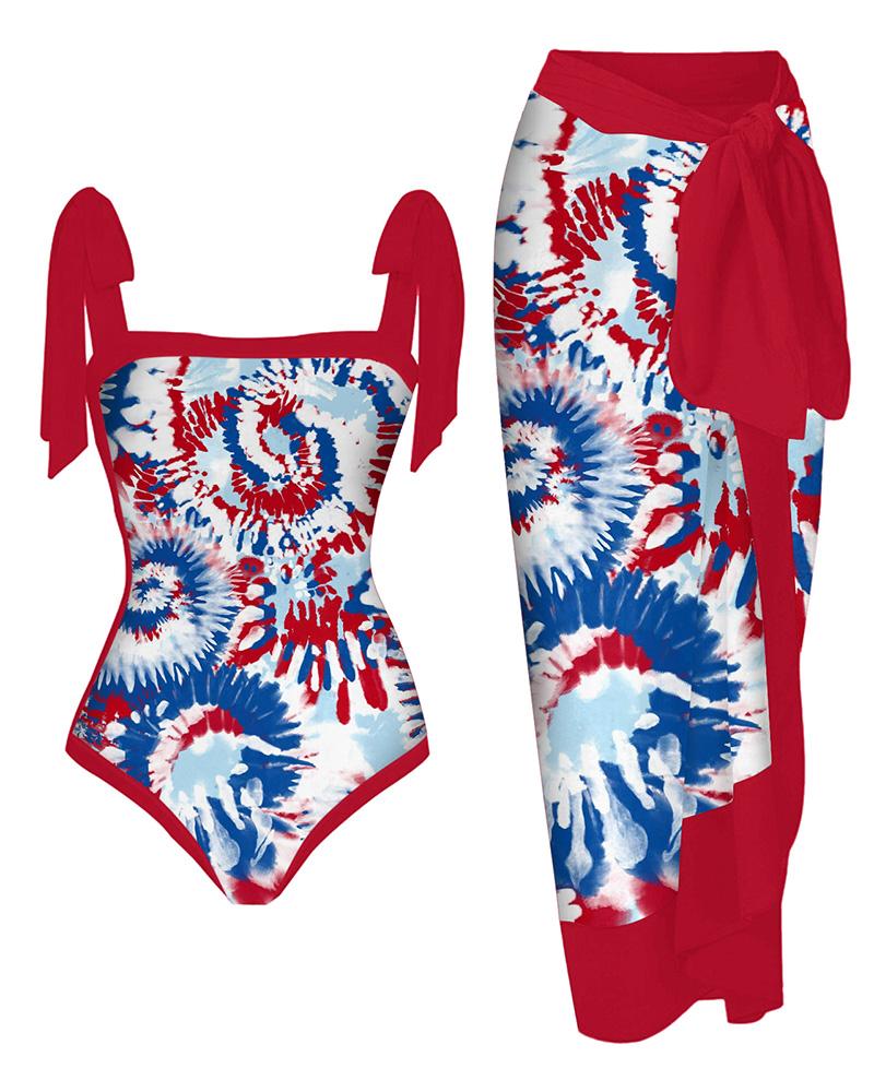 

Tie Dye Print One Piece Swimsuit With Cover Up, Red