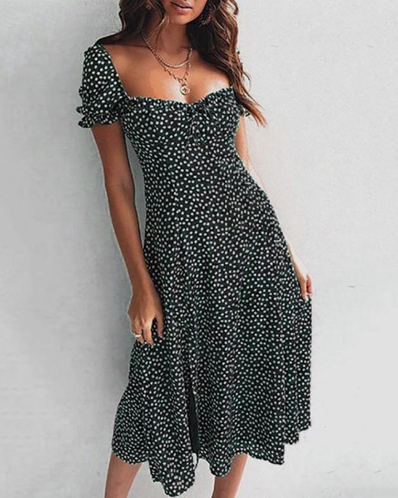

Print Puff Sleeve Casual Dress, Black