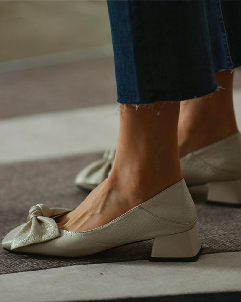 

Square Toe Bowknot Front Chunky Heels, White