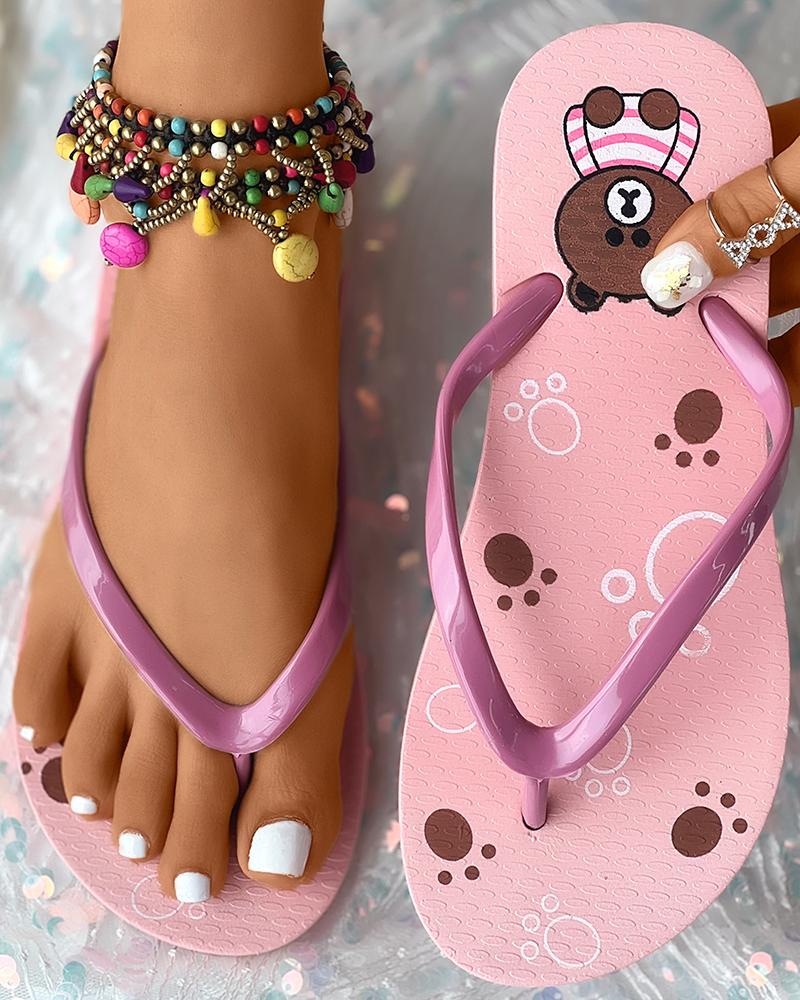 

Cartoon Pattern Toe Post Flip Flops, Pink