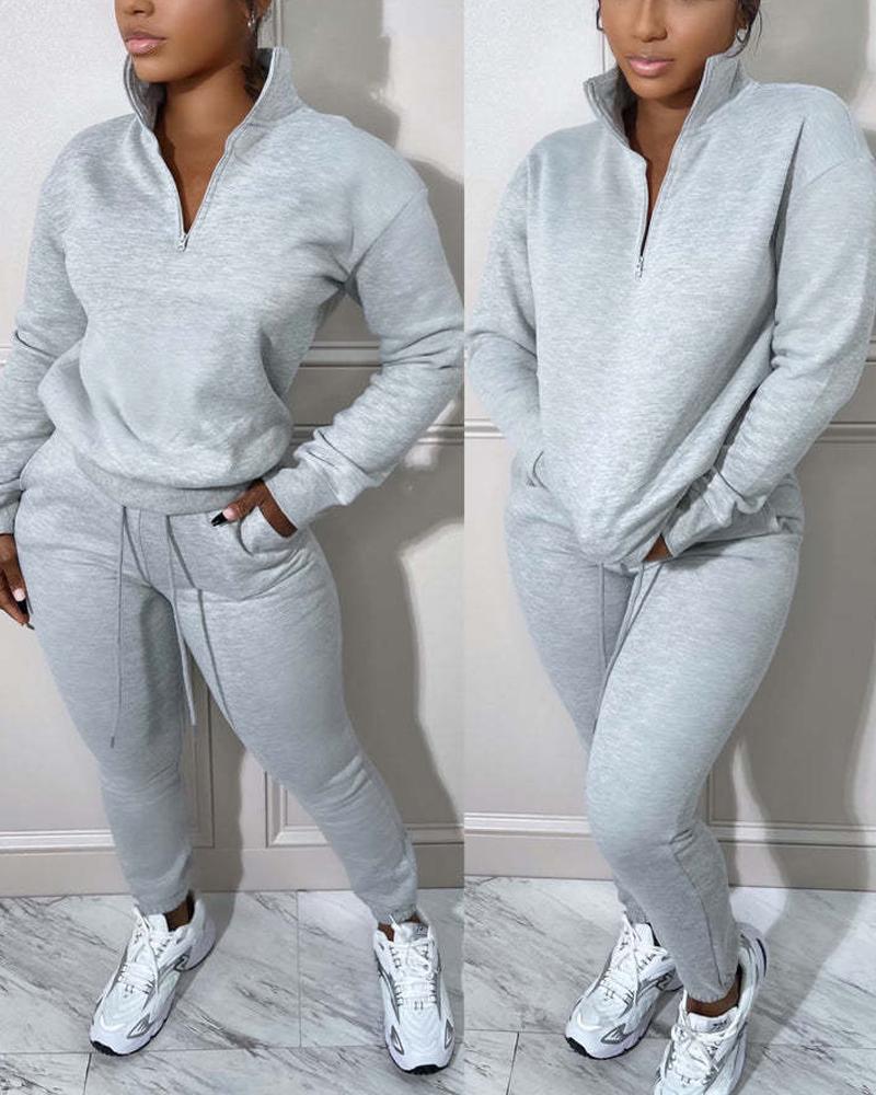 

Long Sleeve Zip Detail Casual Top & Drawstring Pants Set, Gray