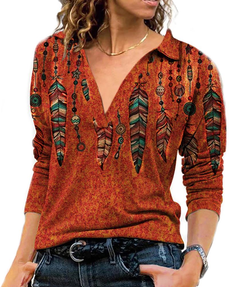 

V Cut Long Sleeve Feather Print Top, Orange