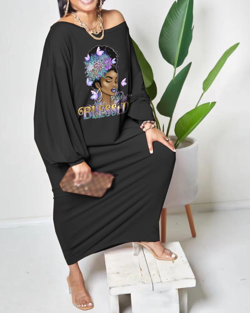 

Plus Size Figure Print Batwing Sleeve Casual Dress, Black