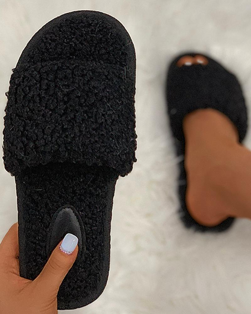 

Plain Fluffy Open Toe Slippers, Black