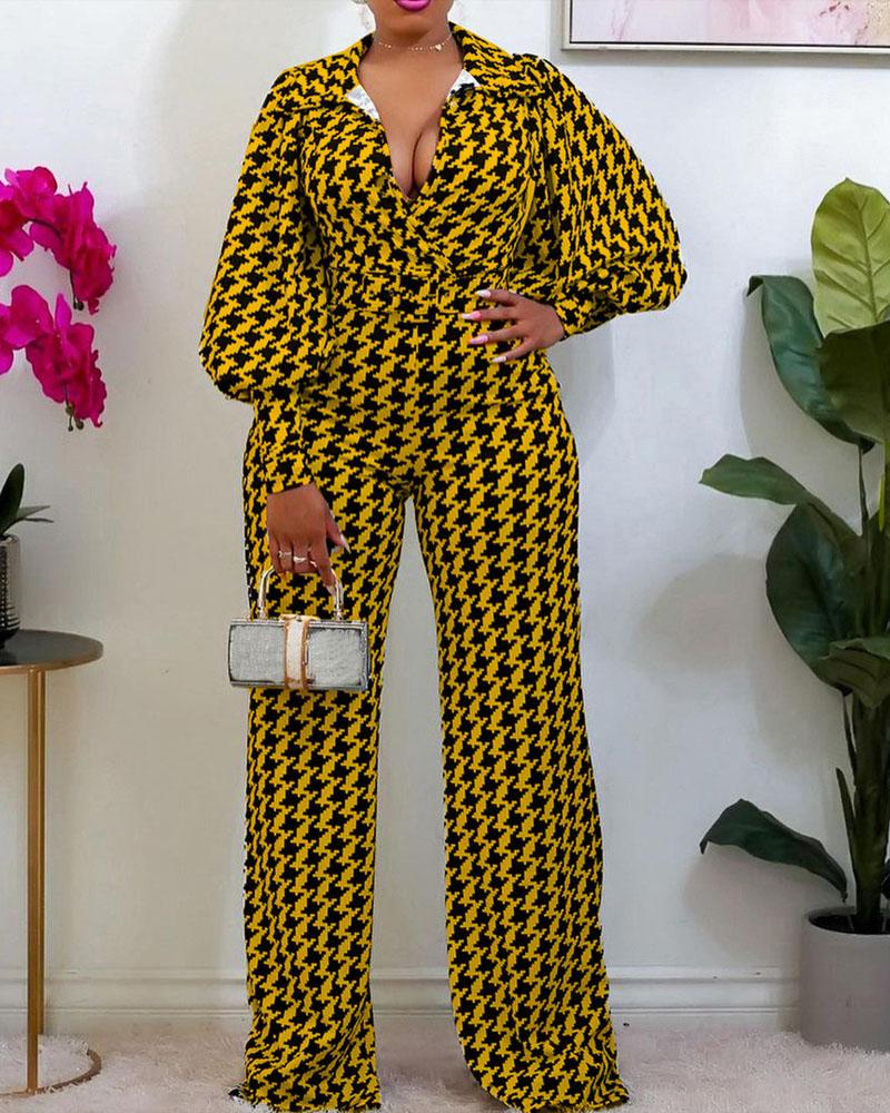 

Plus Size Houndstooth Print Lantern Sleeve Jumpsuit, Yellow