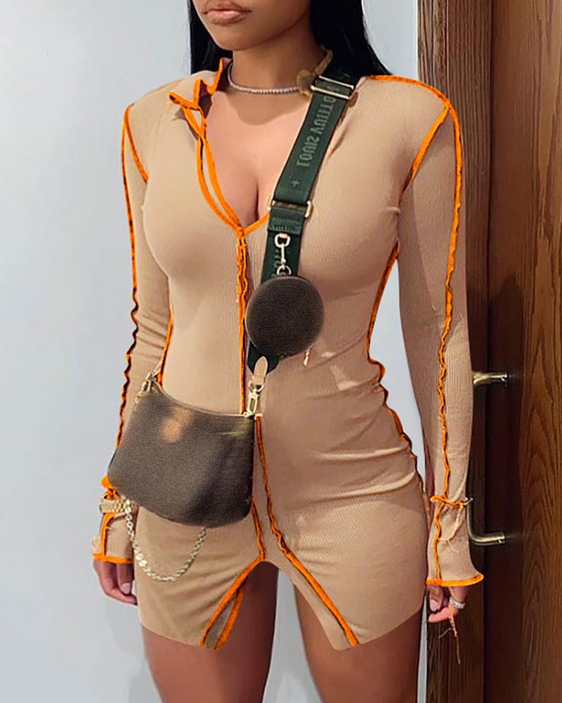 

Contrast Binding Frill Hem Slit Ribbed Bodycon Dress, Apricot