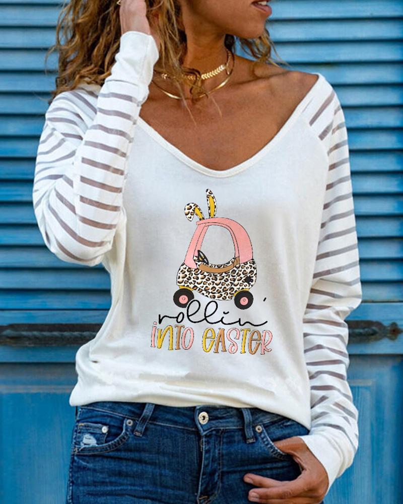 

Rolling Into Easter Bunny Print Contrast Mesh Casual Top, White