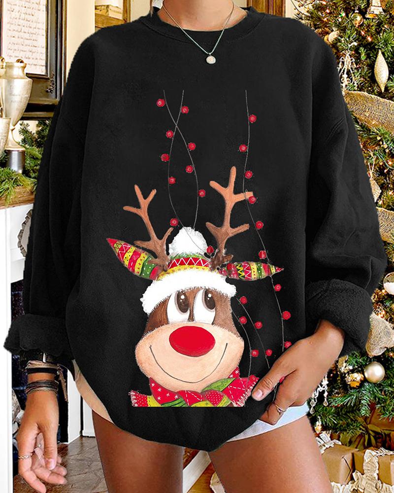 

Christmas Reindeer Print Round Neck Sweatshirt, Black