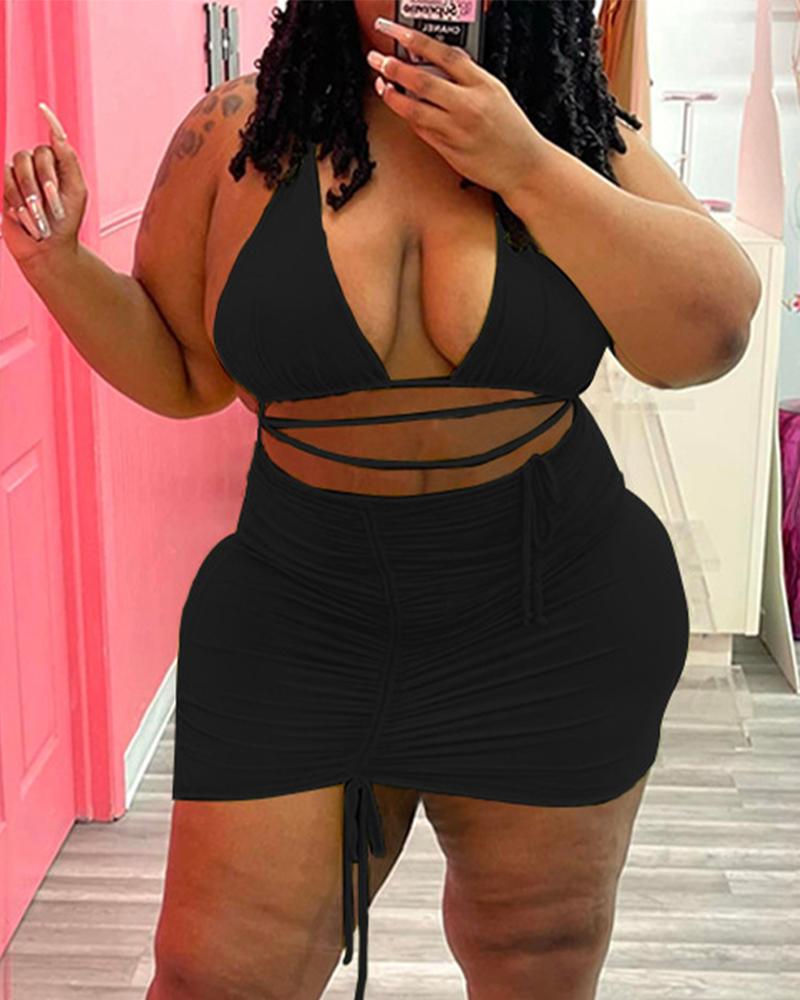 

Plus Size Halter Crop Top & Drawstring Ruched Skirt Set, Black