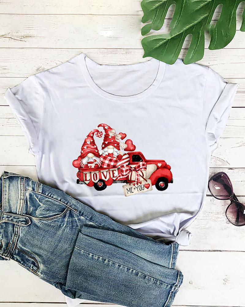 

Valentine' Day Car Dwarf Heart Print O-Neck T-shirt, White