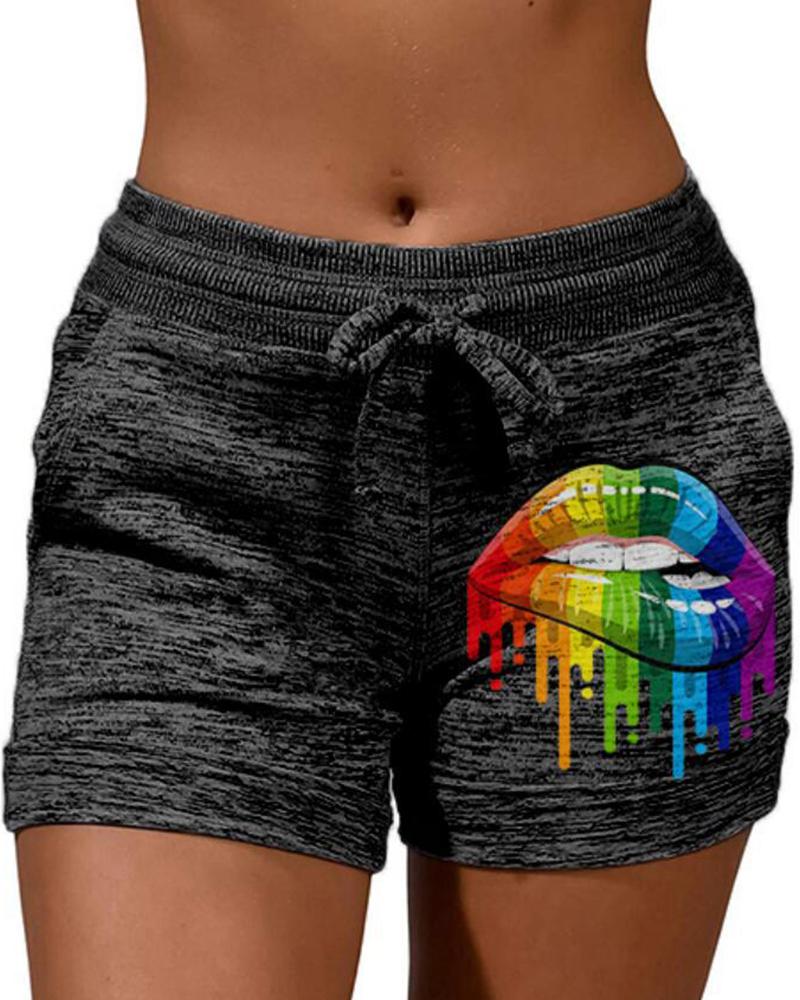 

Solid Color Splicing Multicolor Lip Print Drawstring Short Pants, Black