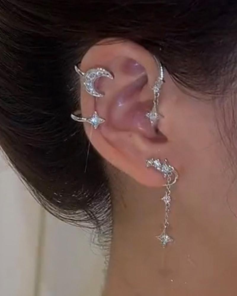 

1pc Moon Star Pattern Tassel Ear Climber, Silver