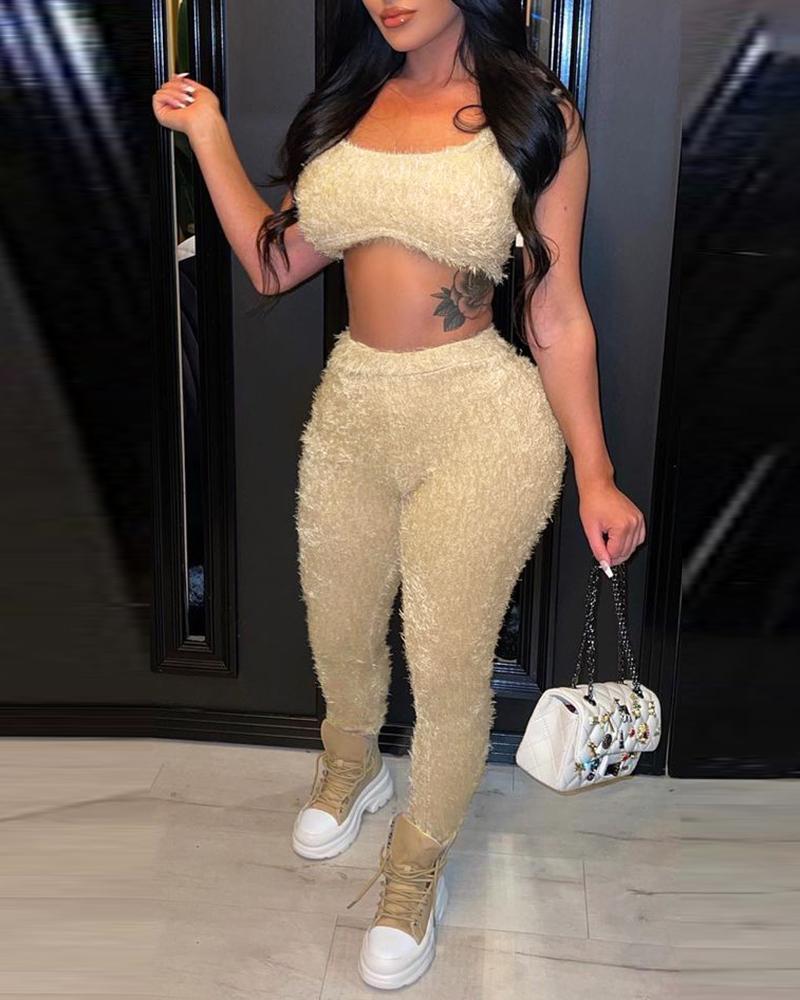 U Neck Fluffy Crop Top & High Waist Pants Set