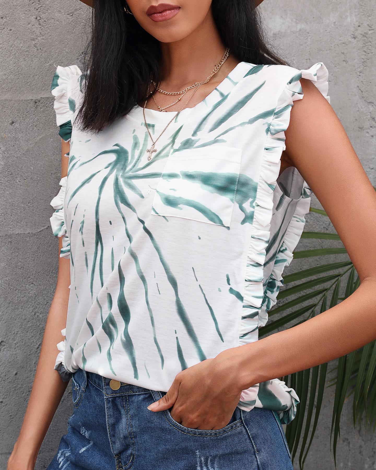 

Tie Dye Print Frill Hem Sleeveless Top, Green