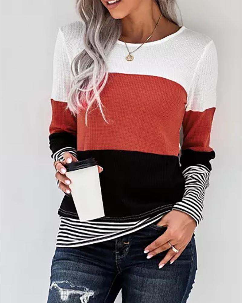 

Striped Print Colorblock Long Sleeve Top, Red