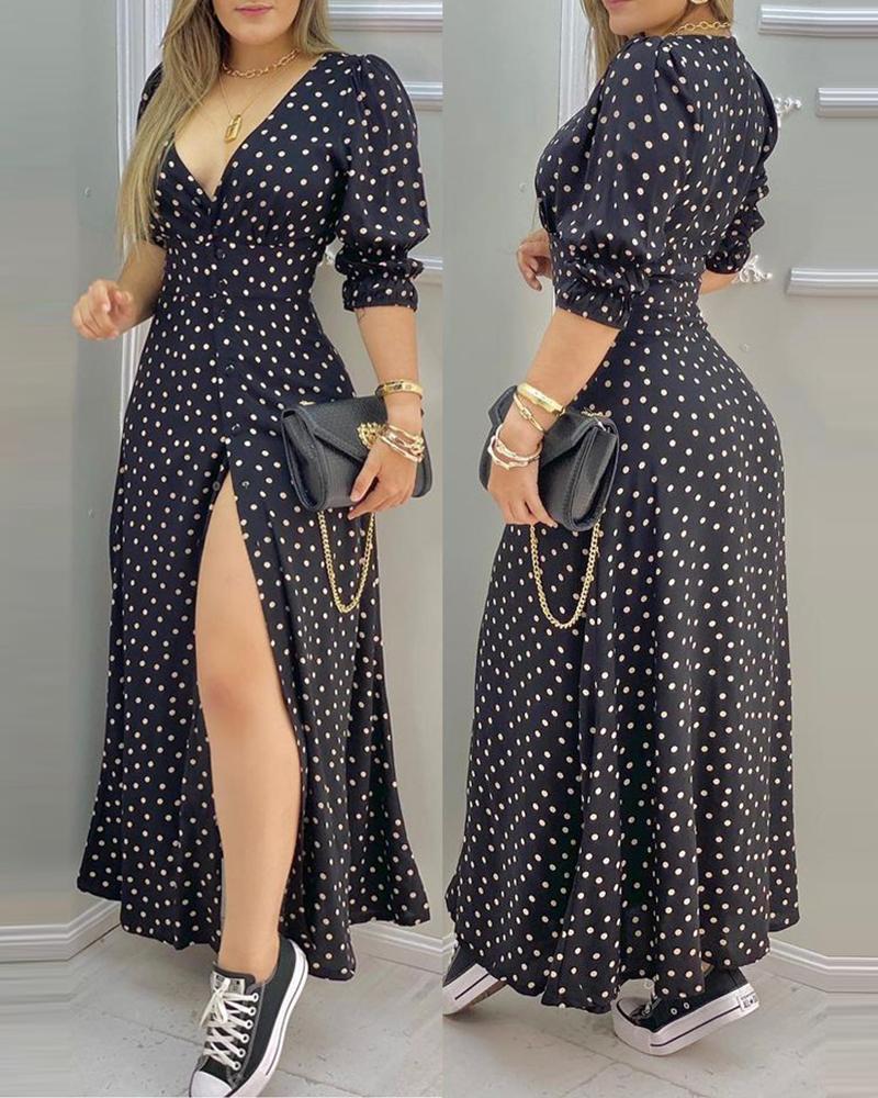 

Polkadot Print High Slit Puff Sleeve Maxi Dress, Black