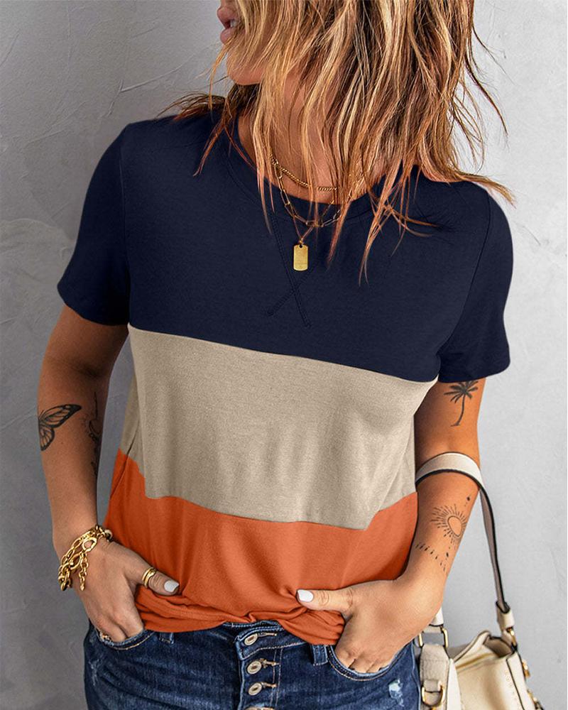 

Colorblock Short Sleeve Casual Top, Orange