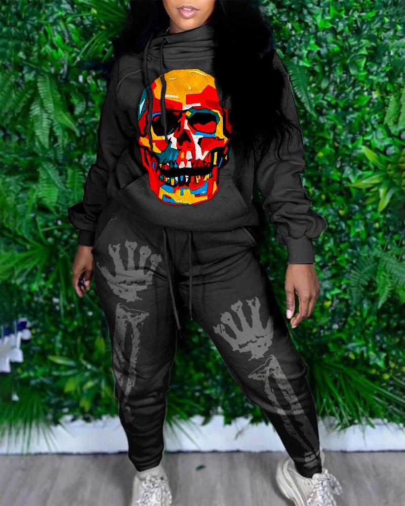 

Halloween Skull Print Drawstring Hoodie & Pants Set, Black