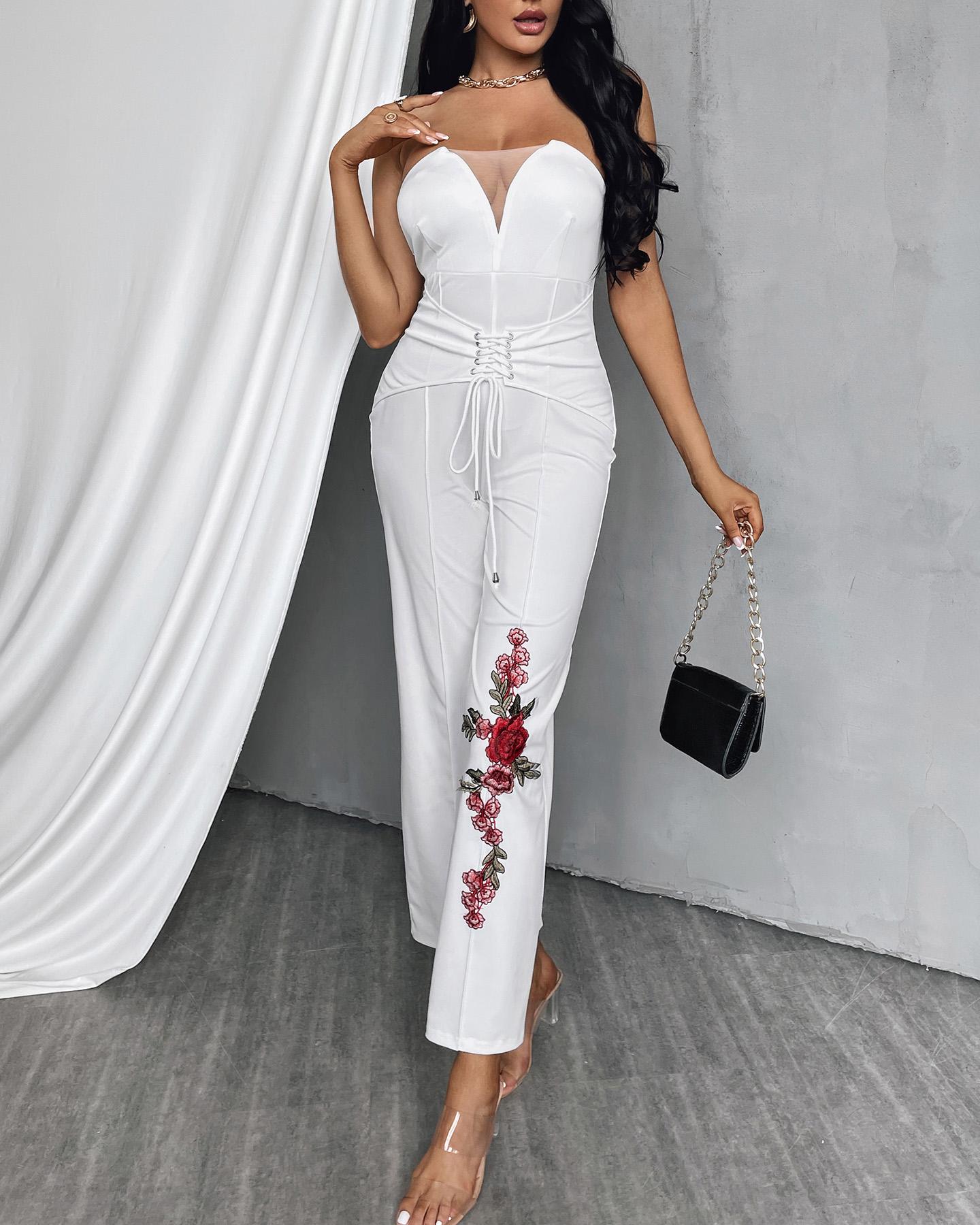 

Floral Print Lace-up Skinny Bandeau Jumpsuit, White