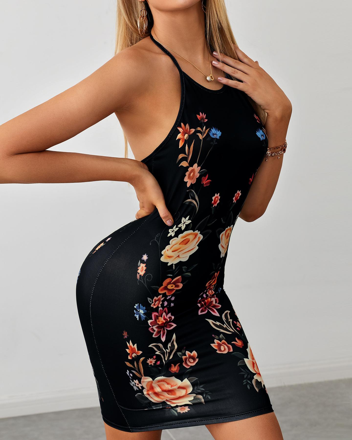 

Floral Print Sleeveless Bodycon Dress, Black