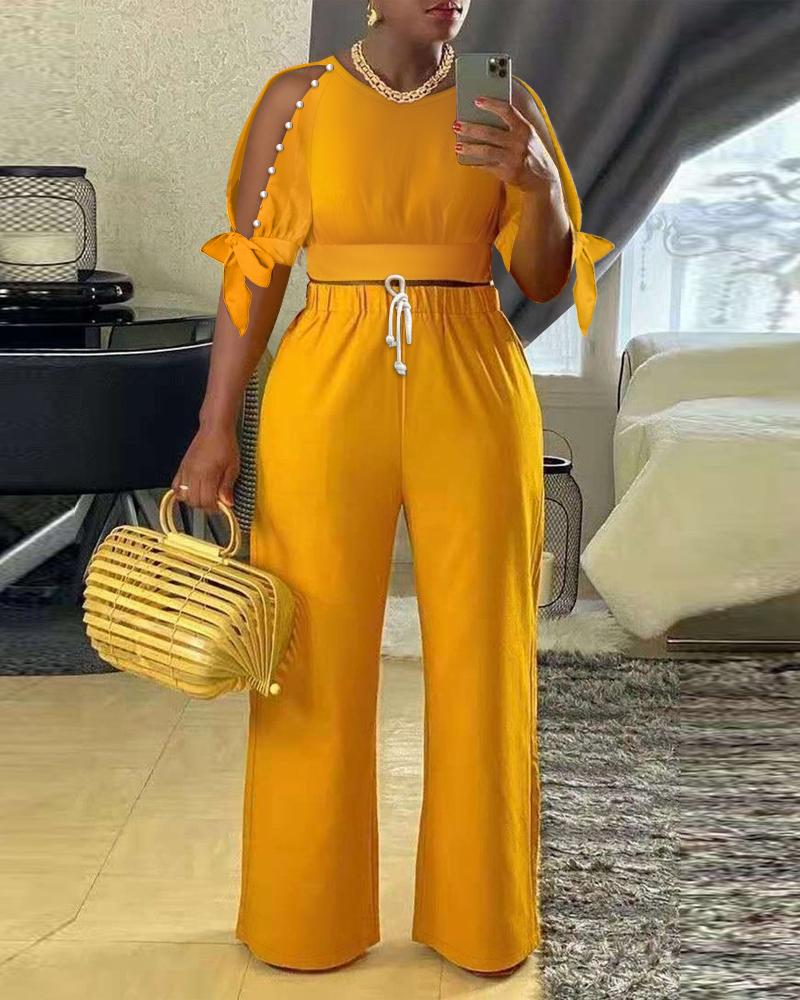 

Split Sleeve Pearls Decor Crop Top & Wide Leg Pants Set, Yellow