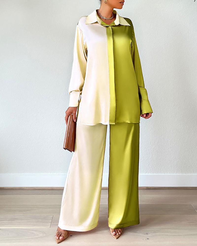 

Colorblock Long Sleeve Casual Top & Pants Set, Yellow