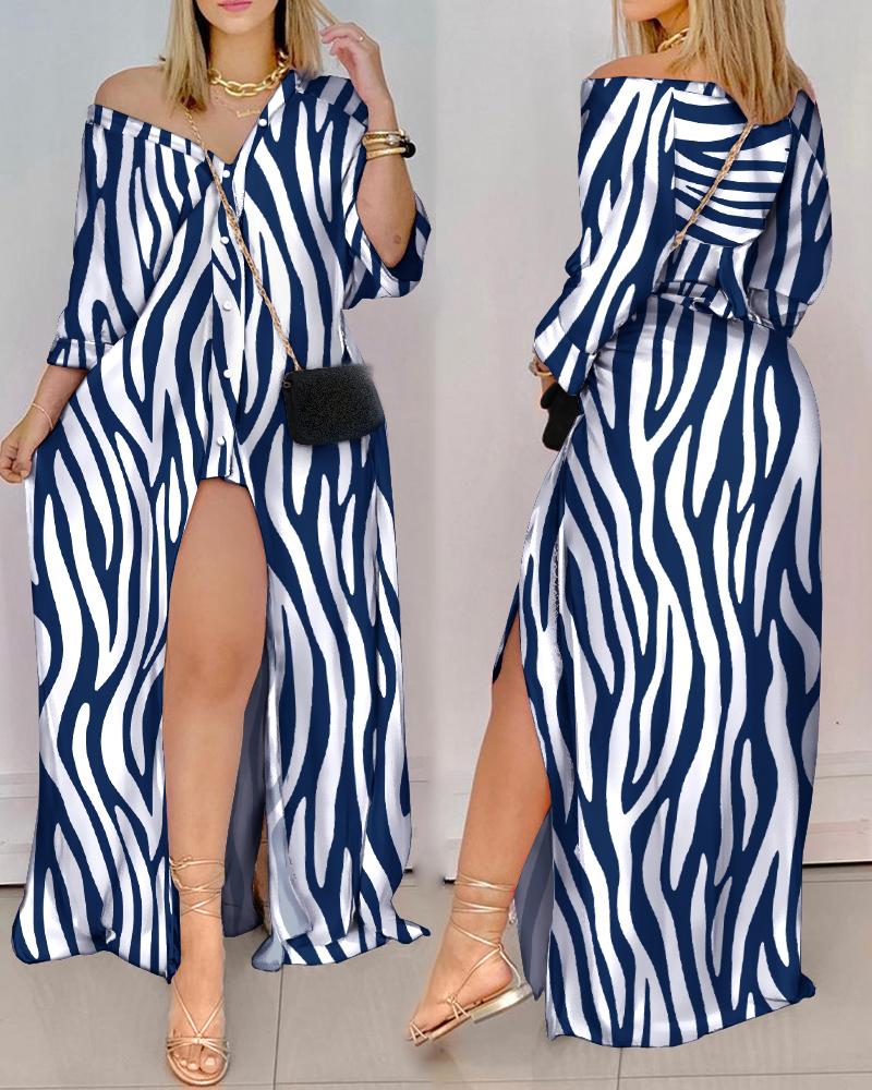 

Zebra Stripe Print High Slit Buttoned Maxi Dress, Purplish blue