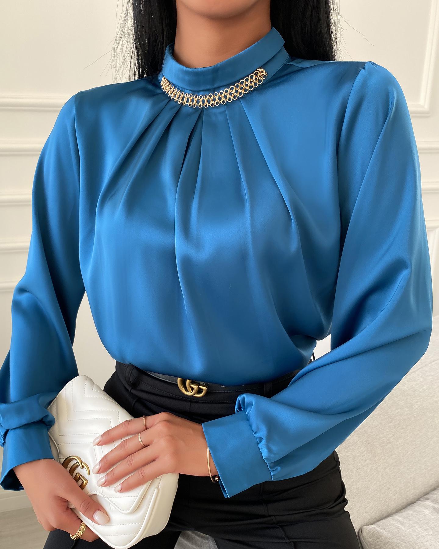 

Plain Mock Neck Long Sleeve Blouse, Blue