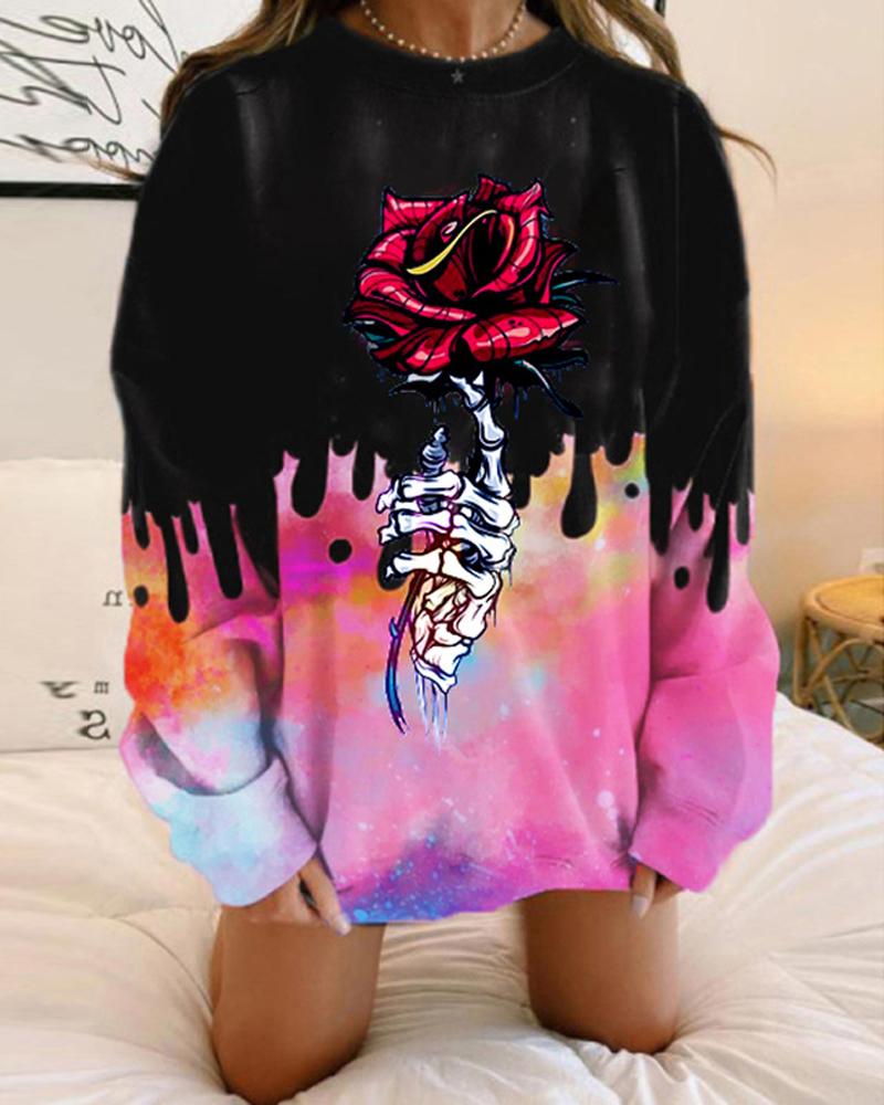 

Halloween Floral Pattern Tie Dye Long Sleeve Sweatshirt, Black