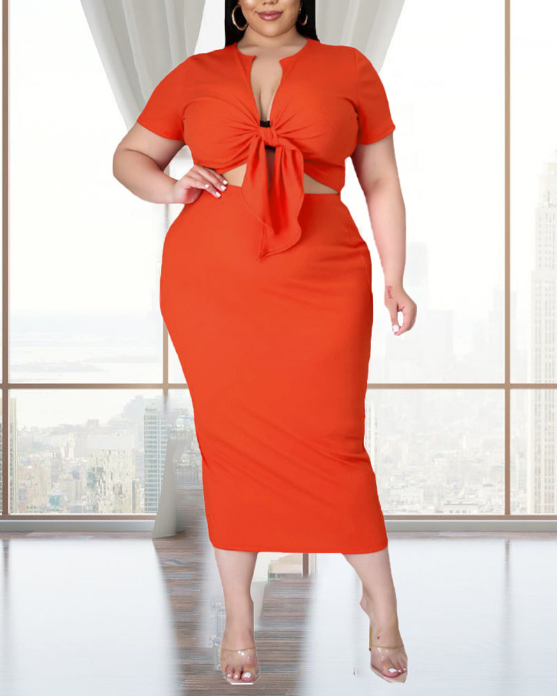 

Plus Size Ribbed Tied Detail Crop Top & Skirt Set, Orange