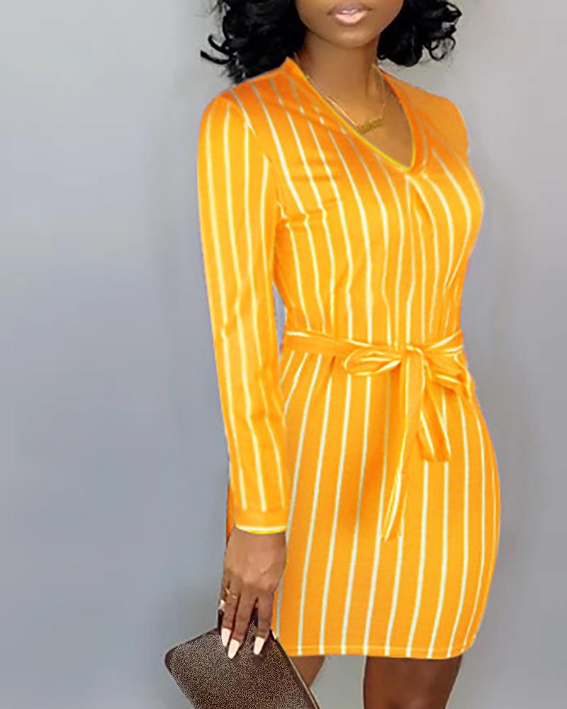

V Neck Pinstripes Long Sleeve Dress, Yellow