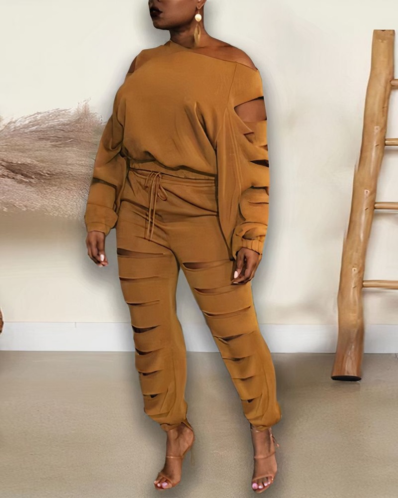 

Ladder Cutout Long Sleeve Top & Drawstring Pants Set, Brown