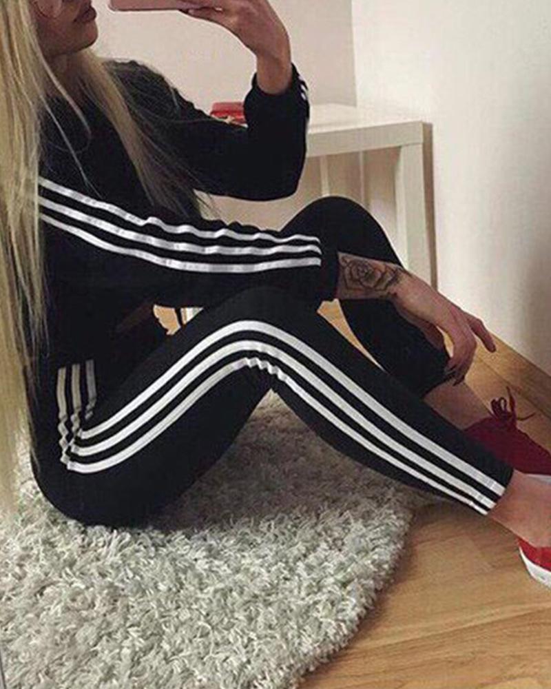 

Striped Tape Long Sleeve Top & Pants Set, Black
