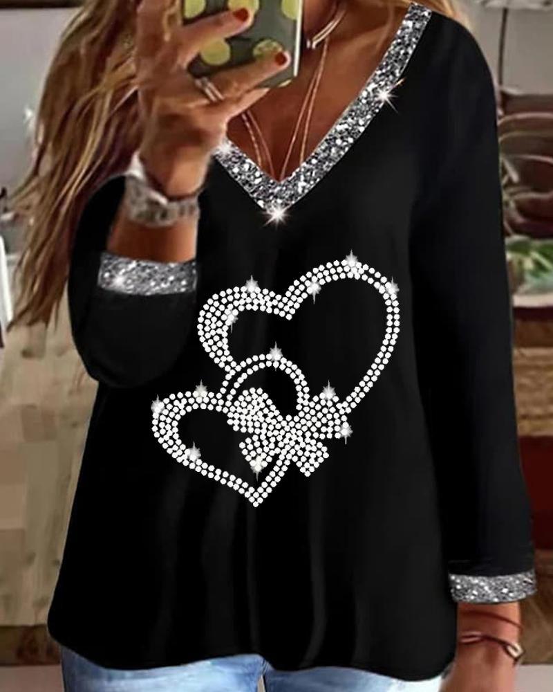 

Plus Size Valentine's Day Rhinestone Heart Pattern Top, Black