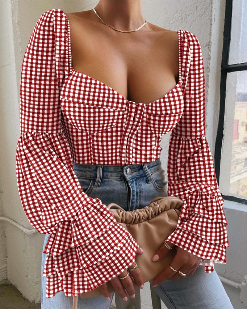 

Plaid Print Layered Bell Sleeve Corset Zipper Design Top, Red