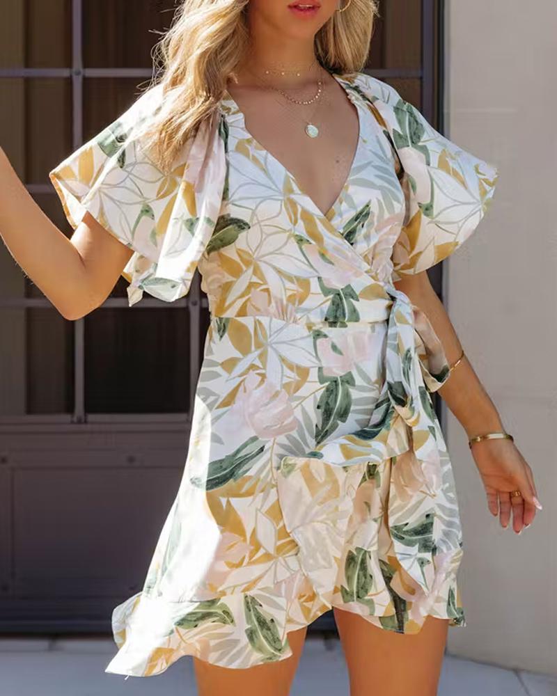 

Plants Print Tied Detail Ruffle Hem Wrap Dress, Apricot