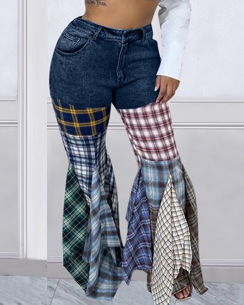 

Contrast Plaid Print Denim Patch Bootcut Ruffles Pants, Dark blue