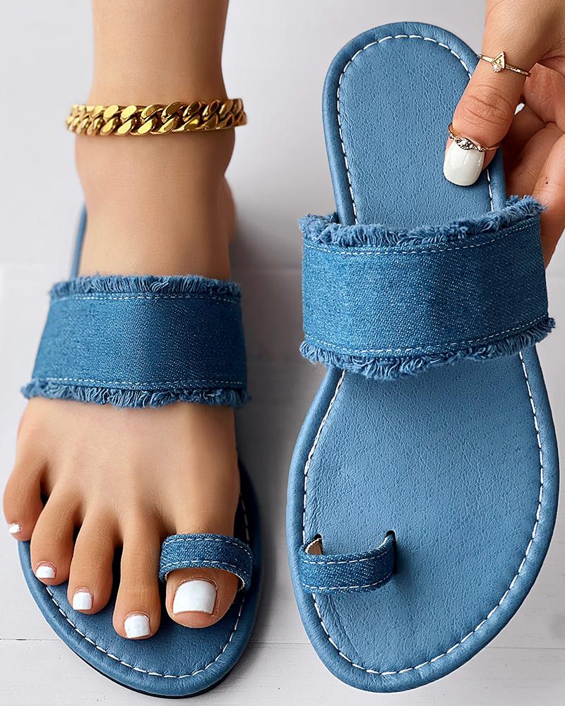 

Toe Ring Raw Hem Flip Flops Outdoor Sandals, Blue