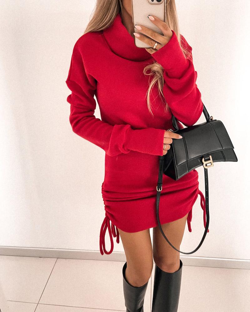 

Drawstring Ruched Turtleneck Long Sleeve Dress Plain Casual Midi Winter Dress, Red