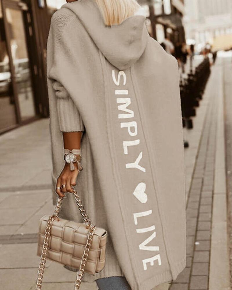 

Letter Heart Print Longline Hooded Cardigan, Apricot
