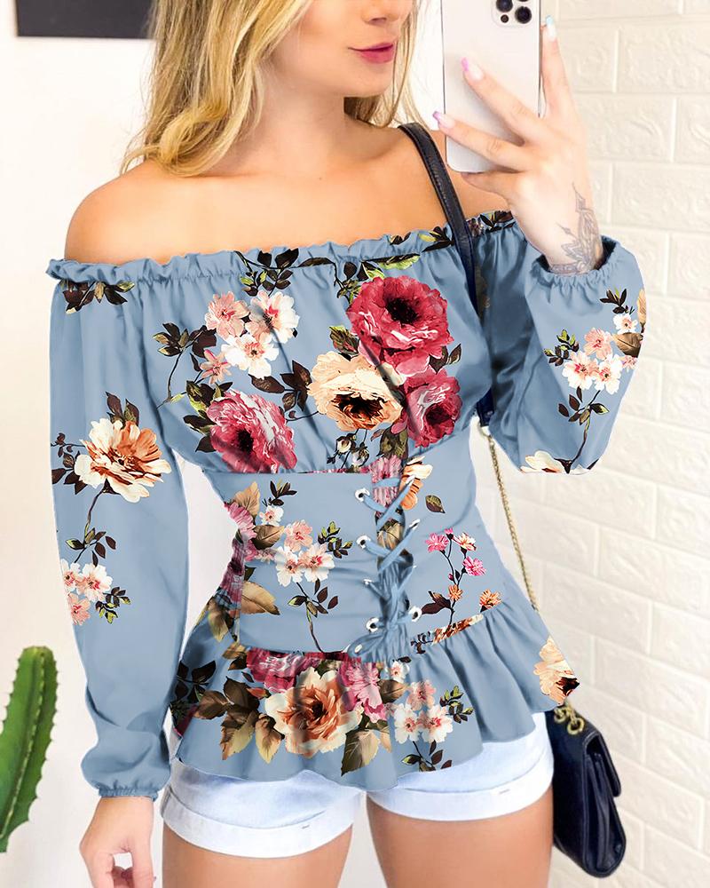 

Floral Eyelet Lace-Up Off Shoulder Long Sleeve Frill Hem Top, Blue