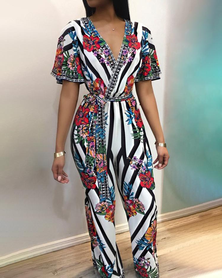 

Deep V Striped Floral Print Belted Jumpsuit, Multicolor