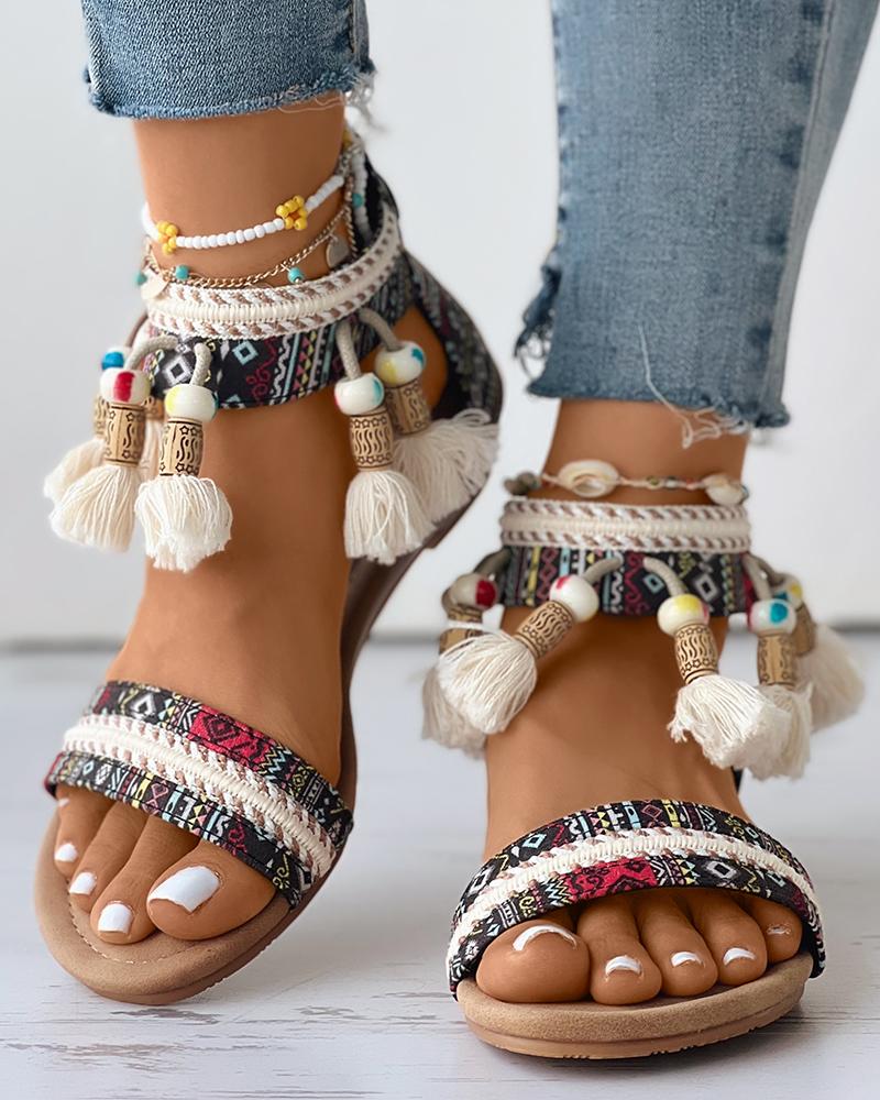

Tribal Tassel Decor Beaded Ankle Strap Boho Beach Sandals, Black