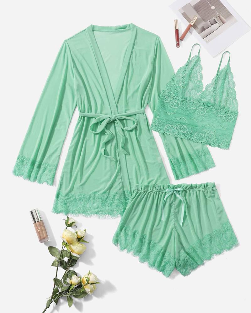 

3PCS Bowknot Decor Lace Cami Set With Belted Robe, Green