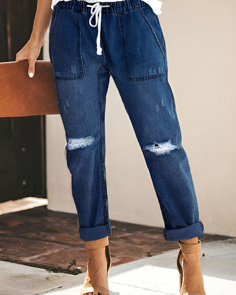 

Pocket Detail Ripped Drawstring Jeans, Dark blue