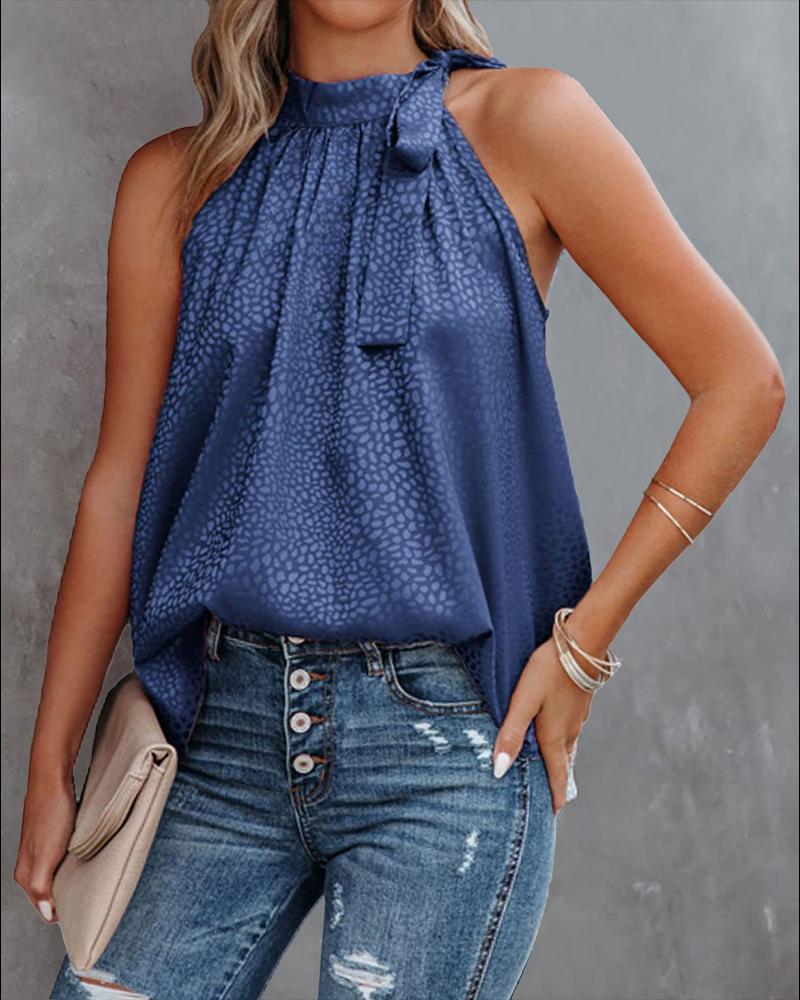 

Allover Print Tie Neck Tank Top, Blue