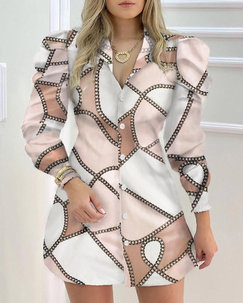 

Chain Print Puff Sleeve Shirt Dress, Multicolor