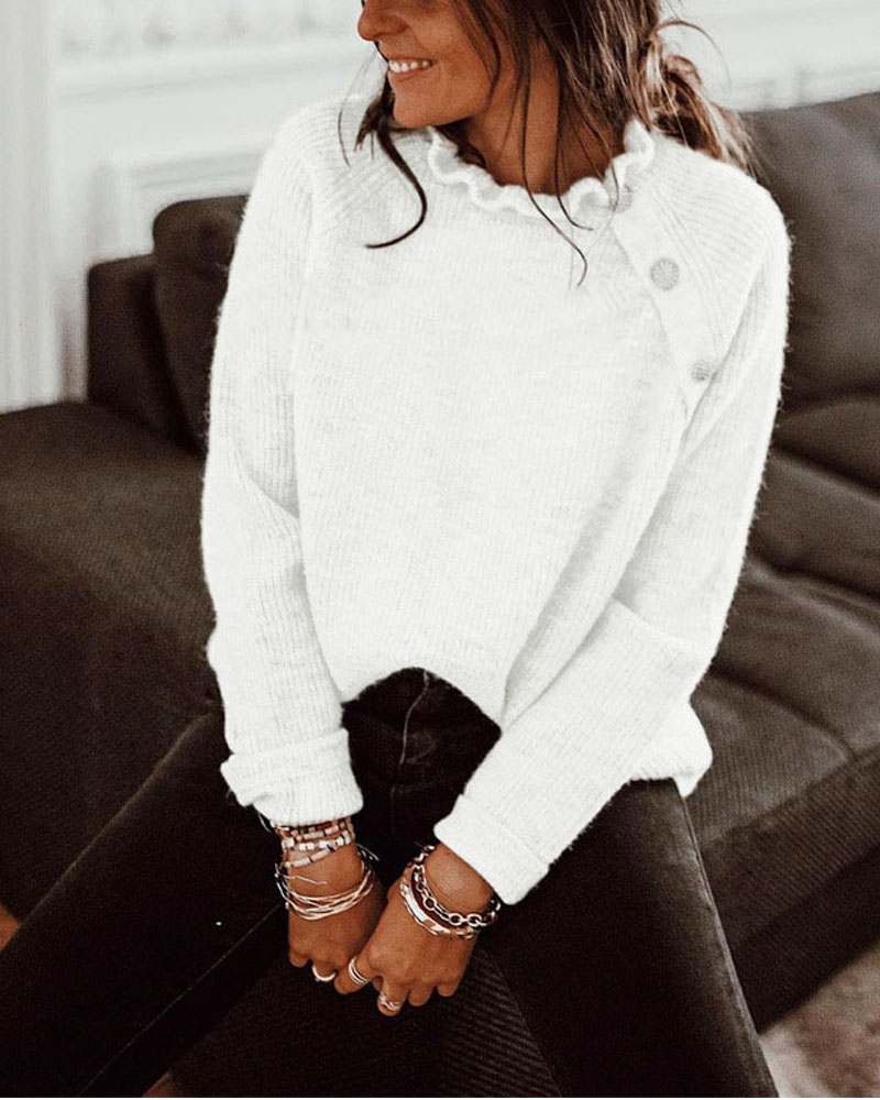 

Long Sleeve Button Decor Ruffle Collar Sweater, White