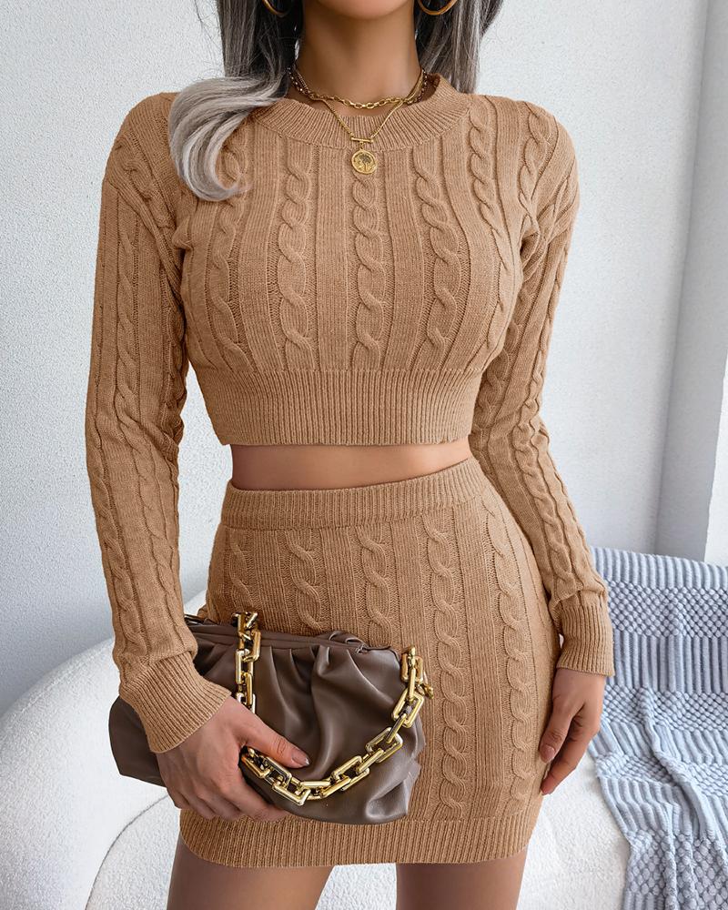 

Cable Knit Long Sleeve Top & High Waist Skirt Set, Khaki