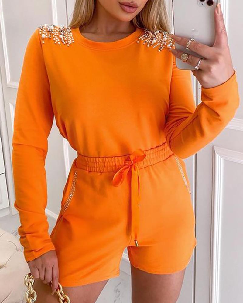 

Beaded Rhinestone Decor Top & Drawstring Shorts Set, Orange